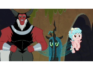 Size: 320x240 | Tagged: safe, screencap, character:cozy glow, character:lord tirek, character:queen chrysalis, species:centaur, species:changeling, species:pegasus, species:pony, episode:frenemies, g4, my little pony: friendship is magic, animated, changeling queen, cozy glow is not amused, evil lair, female, filly, foal, funny, gif, glare, grogar's lair, lair, male, pushing, shoving