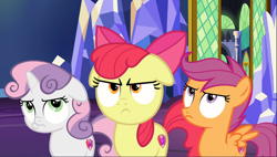 Size: 1646x935 | Tagged: safe, screencap, character:apple bloom, character:scootaloo, character:sweetie belle, species:pegasus, species:pony, episode:growing up is hard to do, g4, my little pony: friendship is magic, angry, apple bloom is not amused, cropped, cutie mark crusaders, floppy ears, pouting, scootaloo is not amused, sweetie belle is not amused, trio, unamused