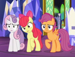 Size: 789x601 | Tagged: safe, screencap, character:apple bloom, character:scootaloo, character:sweetie belle, species:pegasus, species:pony, episode:growing up is hard to do, g4, my little pony: friendship is magic, confused, cropped, cutie mark crusaders, older, older apple bloom, older cmc, older scootaloo, older sweetie belle, raised hoof, trio