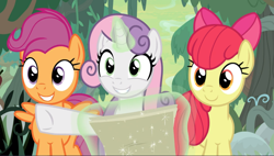 Size: 1591x901 | Tagged: safe, screencap, character:apple bloom, character:scootaloo, character:sweetie belle, species:pegasus, species:pony, episode:growing up is hard to do, g4, my little pony: friendship is magic, cropped, cute, cutie mark crusaders, glowing horn, horn, levitation, magic, map, older, older apple bloom, older cmc, older scootaloo, older sweetie belle, pointing, smiling, telekinesis, trio