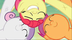 Size: 1668x940 | Tagged: safe, screencap, character:apple bloom, character:scootaloo, character:sweetie belle, species:pegasus, species:pony, episode:growing up is hard to do, g4, my little pony: friendship is magic, cropped, cute, cutie mark crusaders, eyes closed, huddle, older, older apple bloom, older cmc, older scootaloo, older sweetie belle, scratches, smiling