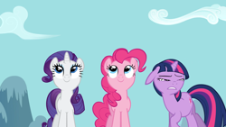 Size: 1920x1080 | Tagged: safe, screencap, character:pinkie pie, character:rarity, character:twilight sparkle, character:twilight sparkle (unicorn), species:earth pony, species:pony, species:unicorn, episode:read it and weep, g4, my little pony: friendship is magic, faec, great moments in animation, one of these things is not like the others
