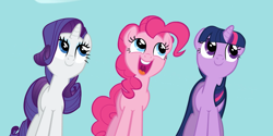 Size: 1491x746 | Tagged: safe, screencap, character:pinkie pie, character:rarity, character:twilight sparkle, character:twilight sparkle (unicorn), species:earth pony, species:pony, species:unicorn, episode:read it and weep, g4, my little pony: friendship is magic, cropped, cute