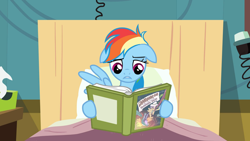 Size: 1920x1080 | Tagged: safe, screencap, character:rainbow dash, species:pegasus, species:pony, episode:read it and weep, g4, my little pony: friendship is magic, bed, book, floppy ears, solo