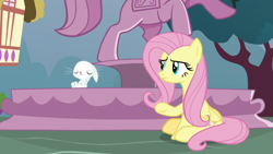 Size: 1920x1080 | Tagged: safe, screencap, character:angel bunny, character:fluttershy, species:pegasus, species:pony, species:rabbit, episode:she talks to angel, g4, my little pony: friendship is magic, animal, eyes closed, female, fountain, male, mare, sitting, statue