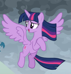 Size: 743x779 | Tagged: safe, screencap, character:twilight sparkle, character:twilight sparkle (alicorn), species:alicorn, species:pony, episode:the ending of the end, g4, my little pony: friendship is magic, cropped, flying, hooves together, looking back, open mouth, solo, spread wings, windswept mane, windswept tail, wings