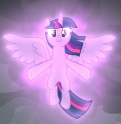 Size: 600x611 | Tagged: safe, screencap, character:twilight sparkle, character:twilight sparkle (alicorn), species:alicorn, species:pony, episode:the ending of the end, g4, my little pony: friendship is magic, cropped, floating, glow, looking at you, magic, magic of friendship, smiling, solo, spread wings, wings
