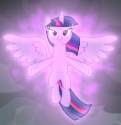 Size: 599x622 | Tagged: safe, screencap, character:twilight sparkle, character:twilight sparkle (alicorn), species:alicorn, species:pony, episode:the ending of the end, g4, my little pony: friendship is magic, cropped, floating, glow, lidded eyes, magic, magic of friendship, smiling, solo, spread wings, wings