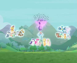 Size: 1043x854 | Tagged: safe, screencap, character:applejack, character:flash magnus, character:fluttershy, character:gallus, character:meadowbrook, character:mistmane, character:ocellus, character:pinkie pie, character:rainbow dash, character:rarity, character:rockhoof, character:sandbar, character:silverstream, character:smolder, character:somnambula, character:spike, character:star swirl the bearded, character:twilight sparkle, character:twilight sparkle (alicorn), character:yona, species:alicorn, species:changedling, species:dragon, species:pony, episode:the ending of the end, g4, my little pony: friendship is magic, cropped, floating, glow, magic of friendship, mane seven, mane six, pillars of equestria, spread wings, student six, triumphant, winged spike, wings