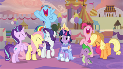 Size: 1668x939 | Tagged: safe, screencap, character:applejack, character:fluttershy, character:pinkie pie, character:rainbow dash, character:rarity, character:spike, character:starlight glimmer, character:twilight sparkle, character:twilight sparkle (alicorn), species:alicorn, species:dragon, species:pony, episode:the last problem, g4, my little pony: friendship is magic, cheering, clothing, coronation dress, crown, dress, excited, eyes closed, flying, jewelry, mane seven, mane six, open mouth, regalia, second coronation dress, winged spike