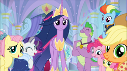 Size: 1668x937 | Tagged: safe, screencap, character:applejack, character:fluttershy, character:li'l cheese, character:pinkie pie, character:rainbow dash, character:rarity, character:spike, character:twilight sparkle, character:twilight sparkle (alicorn), species:alicorn, species:dragon, species:earth pony, species:pegasus, species:pony, species:unicorn, episode:the last problem, g4, my little pony: friendship is magic, cropped, crown, ethereal mane, gigachad spike, group, jewelry, looking at you, mane seven, mane six, older, older applejack, older fluttershy, older mane seven, older mane six, older pinkie pie, older rainbow dash, older rarity, older spike, older twilight, peytral, princess twilight 2.0, regalia, smiling, winged spike