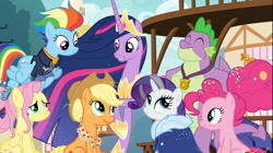 Size: 1668x936 | Tagged: safe, screencap, character:applejack, character:fluttershy, character:pinkie pie, character:rainbow dash, character:rarity, character:spike, character:twilight sparkle, character:twilight sparkle (alicorn), species:alicorn, species:dragon, species:earth pony, species:pegasus, species:pony, species:unicorn, episode:the last problem, g4, my little pony: friendship is magic, all is well, applejack's hat, bags under eyes, best friends, chestplate, clothing, cowboy hat, cropped, crown, ethereal mane, eyes closed, female, flapping, flowing mane, flying, freckles, fur coat, gigachad spike, granny smith's scarf, group, hoof shoes, jewelry, looking at each other, male, mane seven, mane six, mare, older, older applejack, older fluttershy, older mane seven, older mane six, older pinkie pie, older rainbow dash, older rarity, older spike, older twilight, peytral, poofy mane, princess twilight 2.0, regalia, royal advisor, rubber duck, singing, sitting, skunk stripe, smiling, stetson, the magic of friendship grows, uniform, wall of tags, wonderbolts uniform