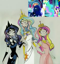 Size: 1697x1812 | Tagged: safe, artist:citi, screencap, character:princess cadance, character:princess celestia, character:princess luna, species:human, my little pony: the movie (2017), armlet, clothing, cutie mark, cutie mark on clothes, eye clipping through hair, eyeshadow, fingerless gloves, gloves, humanized, jewelry, makeup, regalia, scene interpretation, screencap reference, skinny, slit dress, starry hair, traditional art