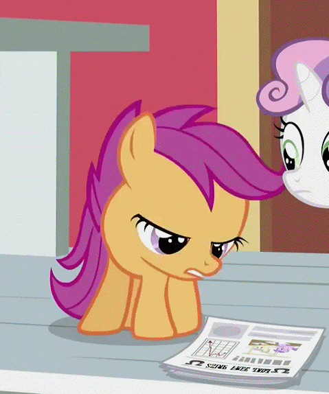 Size: 479x574 | Tagged: safe, screencap, character:scootaloo, character:sweetie belle, species:pegasus, species:pony, episode:ponyville confidential, g4, my little pony: friendship is magic, animated, cropped, cute, cutealoo, duo, female, filly, foal, foal free press, mouth hold, newspaper, offscreen character, ponyville schoolhouse, school