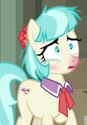 Size: 509x728 | Tagged: safe, screencap, character:coco pommel, species:earth pony, species:pony, episode:the saddle row review, g4, my little pony: friendship is magic, cocobetes, cropped, crying, cute, messy mane, sick, tears of pain