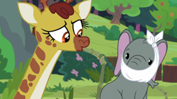 Size: 1920x1080 | Tagged: safe, screencap, character:clementine, character:muriel, episode:she talks to angel, g4, my little pony: friendship is magic, duo, elephant, female, giraffe, straw
