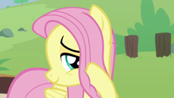 Size: 1920x1080 | Tagged: safe, screencap, character:angel bunny, character:fluttershy, species:pegasus, species:pony, episode:she talks to angel, g4, my little pony: friendship is magic, acting, angelbetes, body swap, cute, devious, facade, female, folded wings, hoof in mane, hoof on cheek, male, mare, not fluttershy, shyabetes, smiling, solo, wings