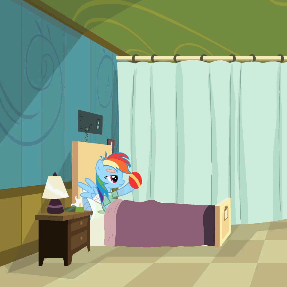 Size: 960x960 | Tagged: safe, screencap, character:rainbow dash, species:pegasus, species:pony, derpibooru, episode:read it and weep, g4, my little pony: friendship is magic, animated, ball, cropped, gif, hospital, juxtaposition, loop, meta, ponyville hospital, solo