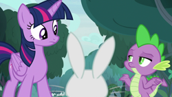 Size: 1920x1080 | Tagged: safe, screencap, character:angel bunny, character:fluttershy, character:spike, character:twilight sparkle, character:twilight sparkle (alicorn), species:alicorn, species:dragon, species:pony, species:rabbit, episode:she talks to angel, g4, my little pony: friendship is magic, animal, body swap, female, male, mare, raised eyebrow, shrug, winged spike