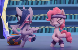 Size: 1936x1244 | Tagged: safe, screencap, character:pinkie pie, character:twilight sparkle, character:twilight sparkle (alicorn), species:alicorn, species:earth pony, species:pony, g4.5, my little pony: stop motion short, my little pony:pony life, bipedal, boombox, cropped, eyes do not belong there, great moments in animation, leg warmers, library, multiple tails, pinkie pie wants to play, smear frame, stop motion, sweatband, twilight's castle, twilight's castle library