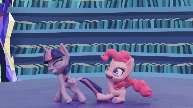 Size: 800x450 | Tagged: safe, screencap, character:pinkie pie, character:twilight sparkle, character:twilight sparkle (alicorn), species:alicorn, species:earth pony, species:pony, g4.5, my little pony: stop motion short, my little pony:pony life, animated, female, gif, loop, mare, pinkie pie wants to play, stop motion, tail, tail pull