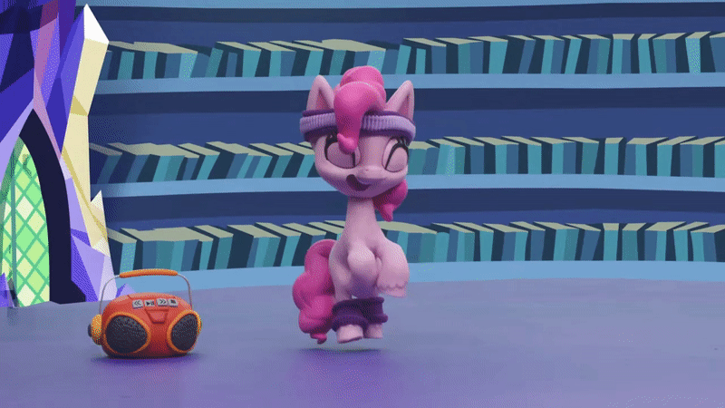 Size: 800x450 | Tagged: safe, screencap, character:pinkie pie, species:earth pony, species:pony, g4.5, my little pony: stop motion short, my little pony:pony life, animated, book, bookshelf, dancing, gif, headband, library, pinkie pie wants to play, radio, solo, stop motion, twilight's castle, twilight's castle library