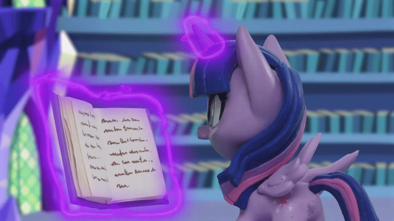 Size: 800x450 | Tagged: safe, screencap, character:pinkie pie, character:twilight sparkle, character:twilight sparkle (alicorn), species:alicorn, species:earth pony, species:pony, g4.5, my little pony: stop motion short, my little pony:pony life, animated, book, bookshelf, gif, levitation, library, looking at someone, magic, pinkie pie wants to play, reading, stop motion, surprised, tail, tail pull, telekinesis, twilight's castle, twilight's castle library, wings