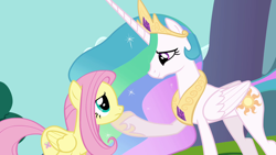 Size: 1280x720 | Tagged: safe, screencap, character:fluttershy, character:princess celestia, episode:keep calm and flutter on, g4, my little pony: friendship is magic