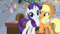 Size: 1280x720 | Tagged: safe, screencap, character:applejack, character:rarity, episode:mystery voice, christmas lights, duo, holiday, hoof around neck