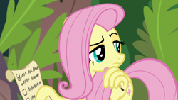 Size: 1920x1080 | Tagged: safe, screencap, character:angel bunny, character:fluttershy, species:pegasus, species:pony, episode:she talks to angel, g4, my little pony: friendship is magic, body swap, checklist, cyan eyes, female, frown, male, mare, narrowed eyes, not fluttershy, pencil, raised eyebrow, solo, thinking, wing hands, wing hold, wings, working