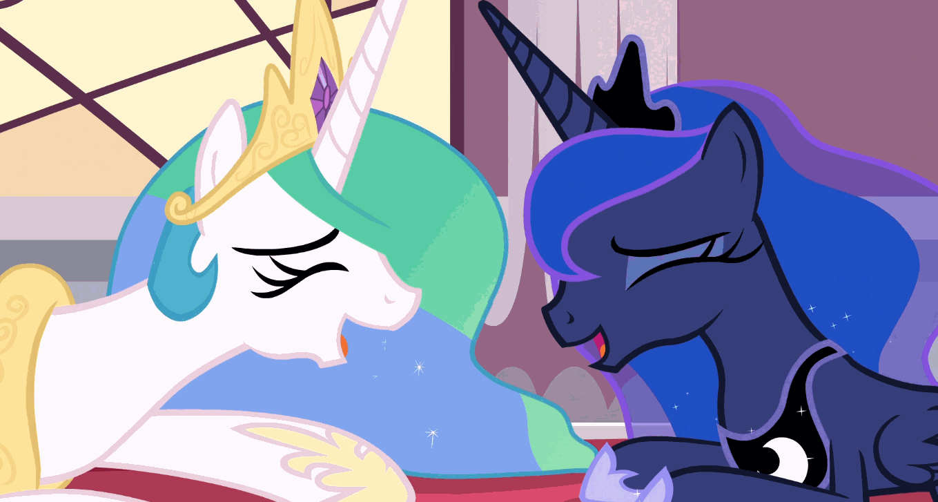 Size: 1359x727 | Tagged: safe, screencap, character:princess celestia, character:princess luna, species:alicorn, species:pony, episode:a royal problem, g4, my little pony: friendship is magic, animated, canterlot, cute, cutelestia, female, gif, laughing, laughingmares.jpg, lunabetes, mare, royal sisters, siblings, sisters