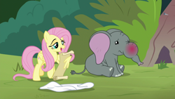 Size: 1920x1080 | Tagged: safe, screencap, character:angel bunny, character:fluttershy, character:muriel, species:pegasus, species:pony, episode:she talks to angel, g4, my little pony: friendship is magic, baby elephant, body swap, duo, elephant, female, frown, indifferent, lidded eyes, list, male, mare, not fluttershy, pleased, raised eyebrow, reading, smiling, smirk, swollen, wing hold