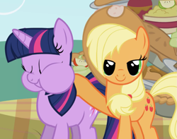 Size: 1321x1043 | Tagged: safe, screencap, character:applejack, character:twilight sparkle, character:twilight sparkle (unicorn), species:earth pony, species:pony, species:unicorn, episode:friendship is magic, g4, my little pony: friendship is magic, cheek bulge, cropped, sweet apple acres