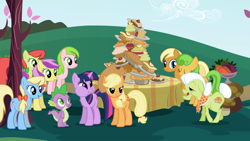 Size: 1920x1080 | Tagged: safe, screencap, character:applejack, character:granny smith, character:spike, character:twilight sparkle, character:twilight sparkle (unicorn), species:dragon, species:earth pony, species:pony, species:unicorn, episode:friendship is magic, g4, my little pony: friendship is magic, cheek bulge, sweet apple acres
