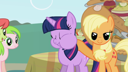 Size: 1920x1080 | Tagged: safe, screencap, character:applejack, character:peachy sweet, character:red gala, character:twilight sparkle, character:twilight sparkle (unicorn), species:earth pony, species:pony, species:unicorn, episode:friendship is magic, g4, my little pony: friendship is magic, apple family member, cheek bulge, sweet apple acres