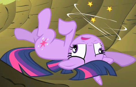 Size: 473x304 | Tagged: safe, screencap, character:twilight sparkle, character:twilight sparkle (unicorn), species:pony, species:unicorn, episode:feeling pinkie keen, g4, my little pony: friendship is magic, animated, circling stars, dizzy, female, injured, knocked silly, mare, on back, solo, twitch