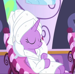 Size: 651x645 | Tagged: safe, screencap, character:twilight sparkle, character:twilight sparkle (alicorn), species:alicorn, species:pony, episode:rarity's biggest fan, bathrobe, clothing, cropped, eyes closed, ponyville spa, reclining, robe, smiling, solo, towel, towel on head