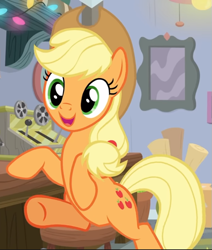 Size: 653x770 | Tagged: safe, screencap, character:applejack, episode:mystery voice, cropped, cute, jackabetes, smiling, solo, stool