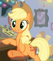 Size: 670x769 | Tagged: safe, screencap, character:applejack, episode:mystery voice, cropped, cute, jackabetes, smiling, solo