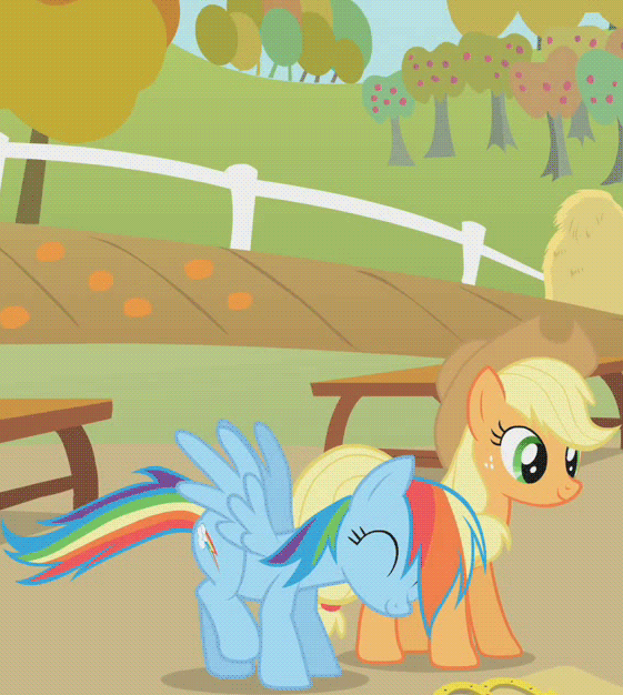 Size: 561x626 | Tagged: safe, screencap, character:applejack, character:rainbow dash, species:earth pony, species:pegasus, species:pony, episode:fall weather friends, g4, my little pony: friendship is magic, animated, backflip, cute, dashabetes, duo, duo female, extreme speed animation, female, flipping, mare