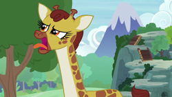 Size: 1920x1080 | Tagged: safe, screencap, character:clementine, episode:she talks to angel, g4, my little pony: friendship is magic, female, giraffe, open mouth, solo, tongue out, tree