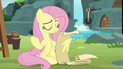 Size: 1920x1080 | Tagged: safe, screencap, character:angel bunny, character:fluttershy, species:pegasus, species:pony, episode:she talks to angel, g4, my little pony: friendship is magic, body swap, checklist, eyes closed, female, mare, scroll, shrug, sweet feather sanctuary, waterfall, wing hands, wings
