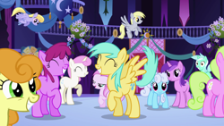 Size: 1920x1080 | Tagged: safe, screencap, character:amethyst star, character:berry punch, character:berryshine, character:carrot top, character:cloud kicker, character:daisy, character:derpy hooves, character:golden harvest, character:linky, character:lyra heartstrings, character:piña colada, character:shoeshine, character:sparkler, character:sunshower raindrops, character:twinkleshine, species:earth pony, species:pegasus, species:pony, species:unicorn, episode:friendship is magic, g4, my little pony: friendship is magic, background pony