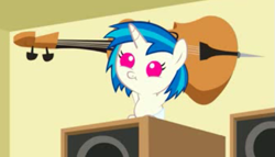 Size: 511x292 | Tagged: safe, screencap, character:dj pon-3, character:vinyl scratch, species:pony, baby, baby pony, cello, foal, musical instrument, speaker, wub