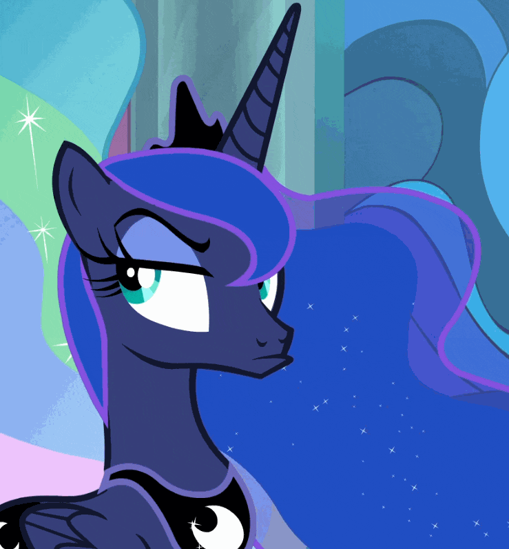 Size: 739x796 | Tagged: safe, screencap, character:princess luna, species:alicorn, species:pony, episode:sparkle's seven, g4, my little pony: friendship is magic, angry, animated, cropped, cute, female, flowing mane, gif, grumpy, luna is not amused, lunabetes, madorable, mare, offscreen character, pouting, raised eyebrow, solo focus, unamused