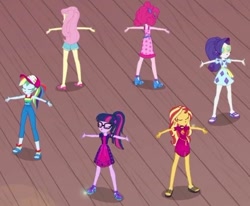 Size: 429x353 | Tagged: safe, screencap, character:fluttershy, character:pinkie pie, character:rainbow dash, character:rarity, character:sunset shimmer, character:twilight sparkle, character:twilight sparkle (scitwi), species:eqg human, episode:i'm on a yacht, g4, my little pony:equestria girls, cropped, feet, legs, sandals