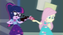 Size: 1280x720 | Tagged: safe, screencap, character:fluttershy, character:twilight sparkle, character:twilight sparkle (scitwi), species:eqg human, episode:run to break free, g4, my little pony:equestria girls, clothing, coffee, coffee cup, cup, duo, female, geode of fauna, geode of telekinesis, glasses, gritted teeth, magical geodes, open mouth, slow motion