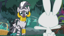 Size: 1920x1080 | Tagged: safe, screencap, character:angel bunny, character:fluttershy, character:zecora, species:pony, species:rabbit, species:zebra, episode:she talks to angel, g4, my little pony: friendship is magic, animal, basket, body swap, concerned, confused, ear piercing, earring, everfree forest, female, jewelry, leg rings, looking at each other, male, mare, mohawk, mushroom, neck rings, not angel bunny, piercing, raised hoof, rear view, talking