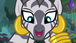 Size: 1920x1080 | Tagged: safe, screencap, character:zecora, species:pony, species:zebra, episode:she talks to angel, g4, my little pony: friendship is magic, close-up, cute, ear piercing, earring, female, jewelry, leg rings, mare, piercing, solo, zecorable