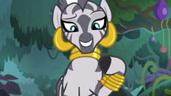Size: 1920x1080 | Tagged: safe, screencap, character:zecora, species:pony, species:zebra, episode:she talks to angel, g4, my little pony: friendship is magic, beautiful, cyan eyes, ear piercing, earring, everfree forest, female, jewelry, leg rings, lidded eyes, looking at someone, looking at you, mare, mohawk, neck rings, piercing, raised eyebrow, raised hoof, solo, talking, wisdom
